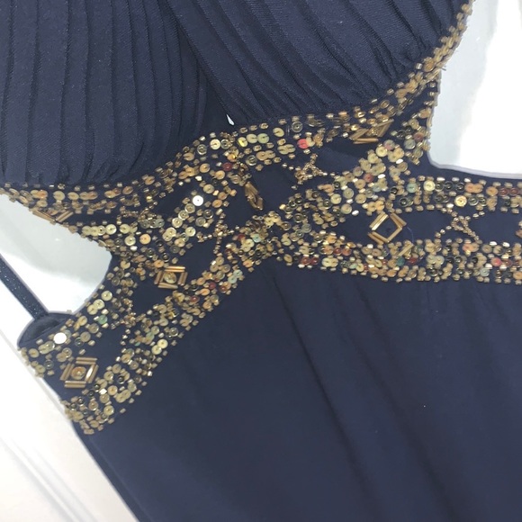 Laura Luxurious Dark Blue Long Dress Open Back with Gold Crystals - Picture 6 of 13